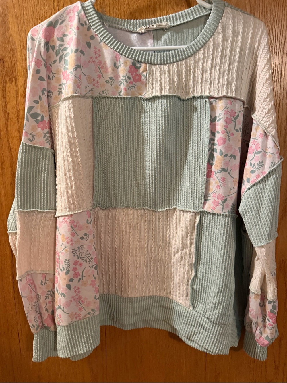 Soft Patchwork Floral Knit Top in Sage and Cream